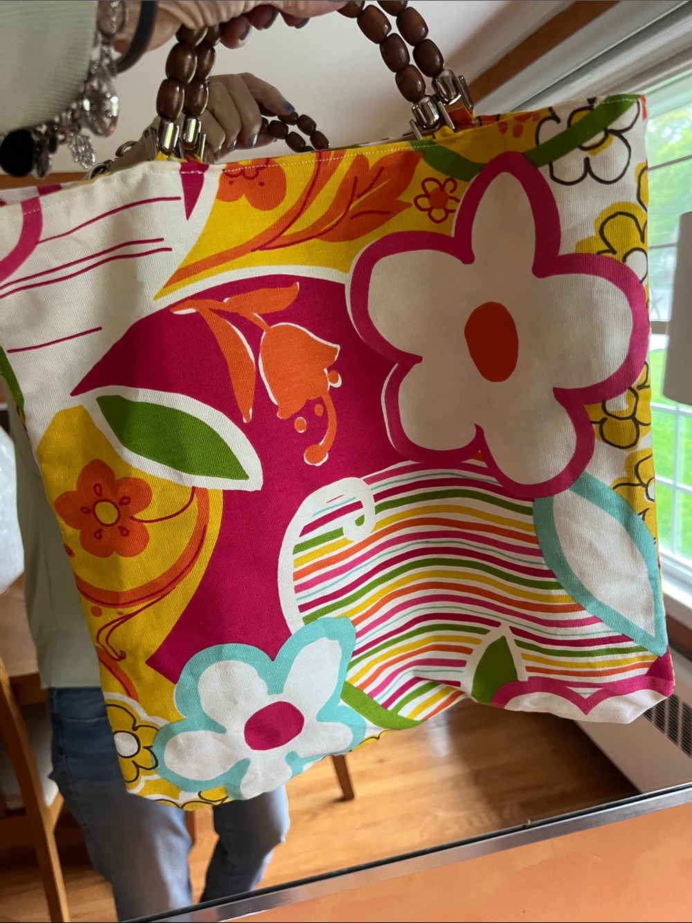Colorful Floral Canvas Tote Bag with Beaded Handles - Picture 4 of 6